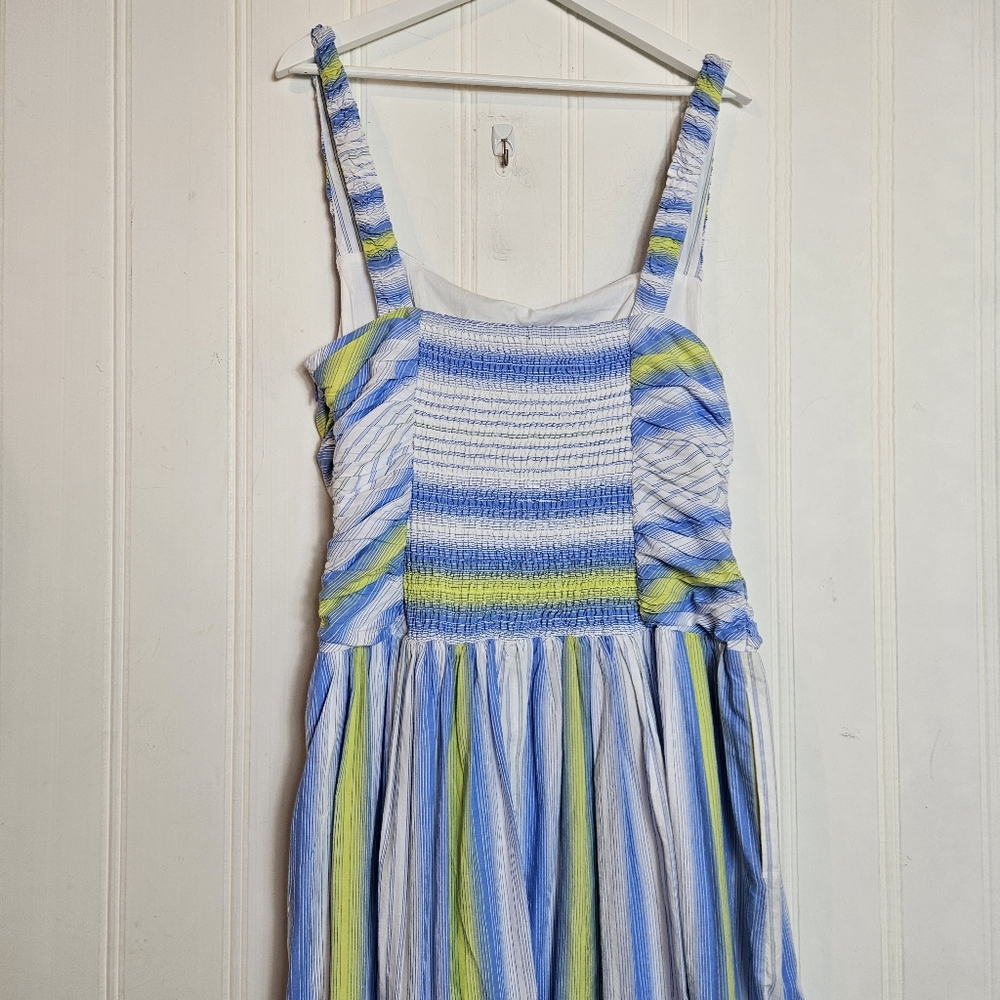 Anthropologie Maxi Dress L Blue Drop Waist Square Neck Pockets Sleeveless Cotton - Picture 9 of 15